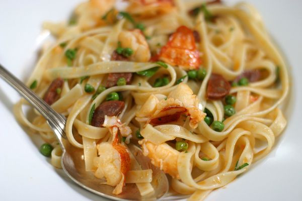 Pasta with Lobster, Chorizo and Peas