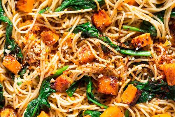 Pumpkin, spinach and walnut spaghetti