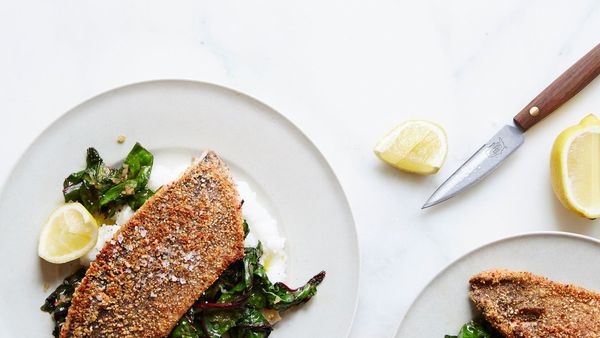 Almond-Crusted Trout with White Grits and Swiss Chard