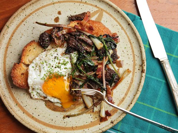 Fried Eggs With Ramps, Morels, and Bacon