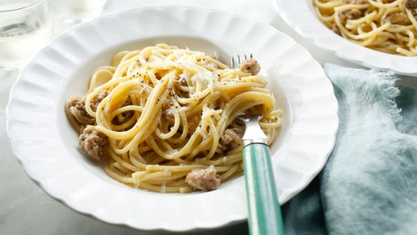 Spaghetti with Sausage Alla Carbonara