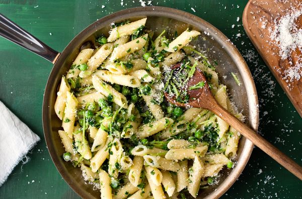 Penne with Peas, Pea Greens and Parmesan