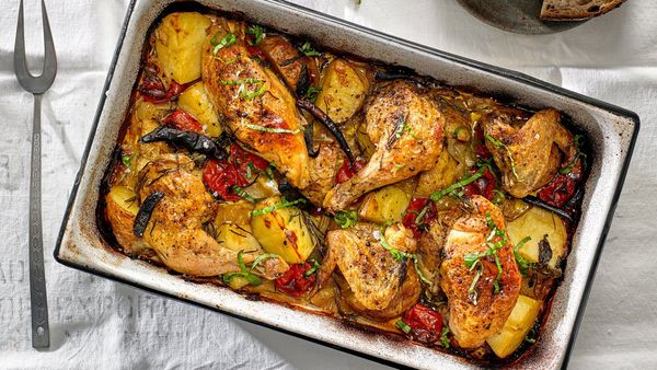 Chicken Baked With Potatoes, Cherry Tomatoes and Herbs