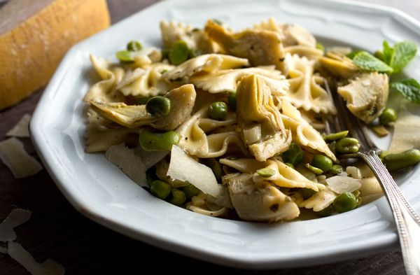 Farfalle with Artichokes, Peas, Favas and Onions