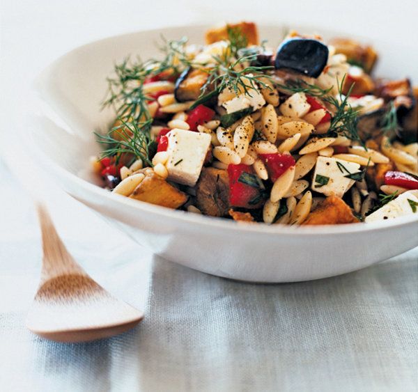 Manouri, Eggplant and Orzo Salad