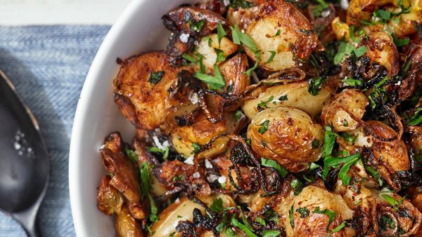 Crisp Smashed Potatoes with Fried Onions and Parsley
