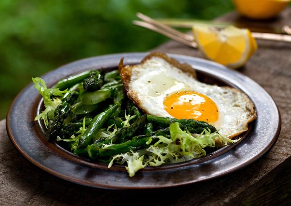 Pan-Seared Asparagus Salad with Frisée and Fried Egg