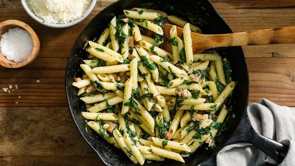 Pasta with Roasted Garlic, Pancetta and Arugula