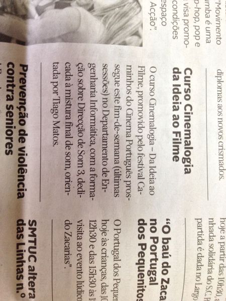 Curso Cinemalogia - Da Ideia ao Filme | Diário de Coimbra 15.Jun