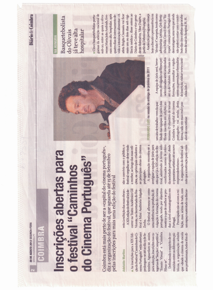 Inscrições abertas para o festival "Caminhos do Cinema Português" | Diário de Coimbra 20.Ago