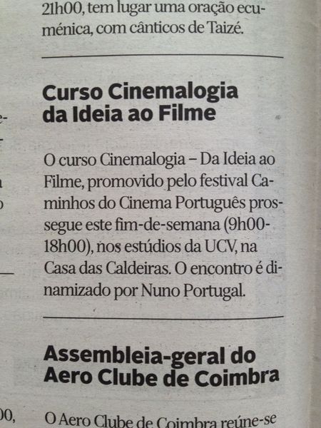 Curso Cinemalogia - Da Ideia ao Filme_1 | Diário de Coimbra 29.Mar