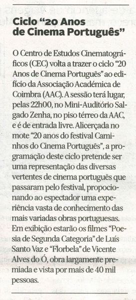 Ciclo "20 Anos de Cinema Português" | Diário de Coimbra 26.Mar.2015