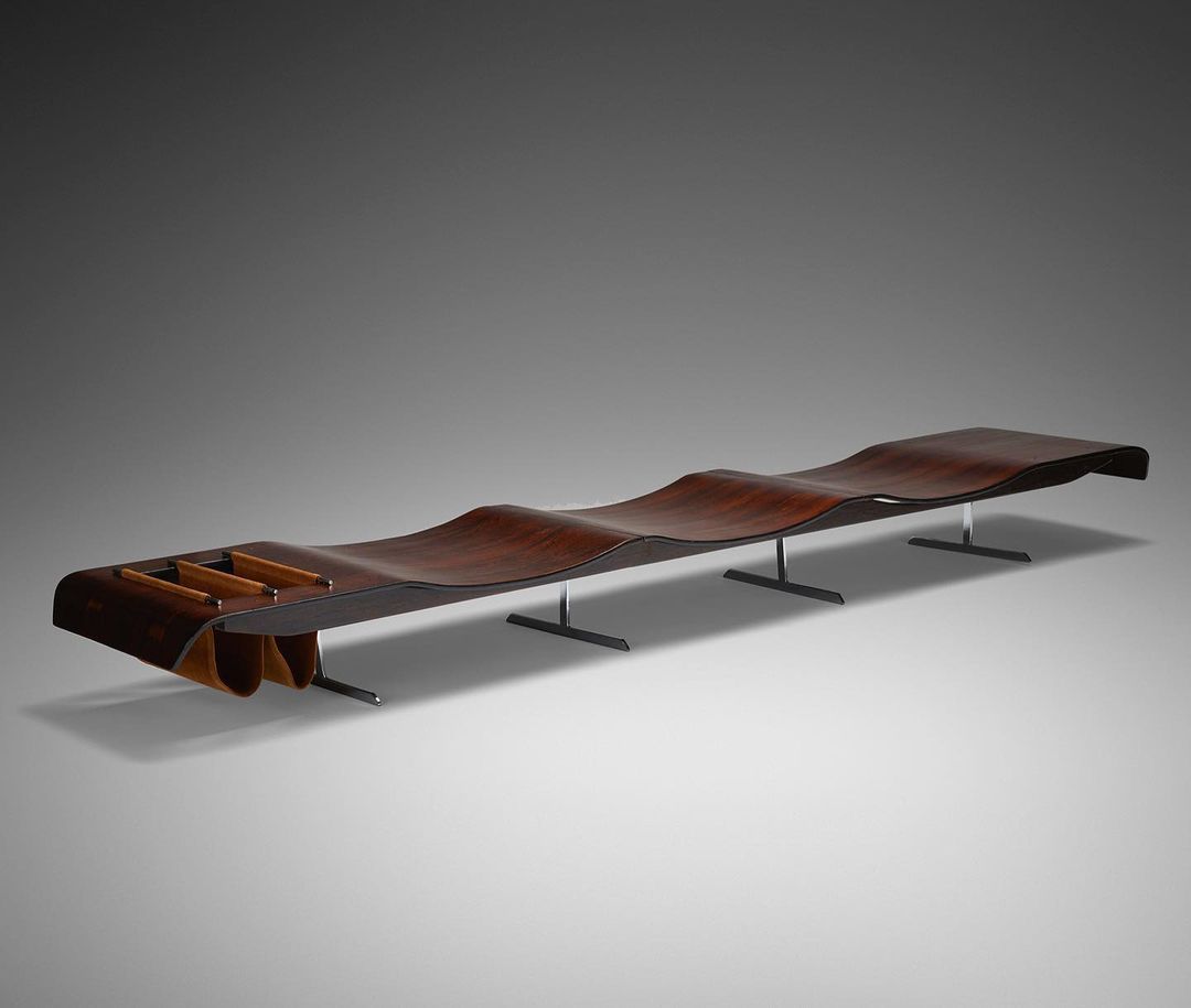 MCM Daily oOnda bench designed by Jorge Zalszupin. Made from rosewood and steel, with leather magaz…