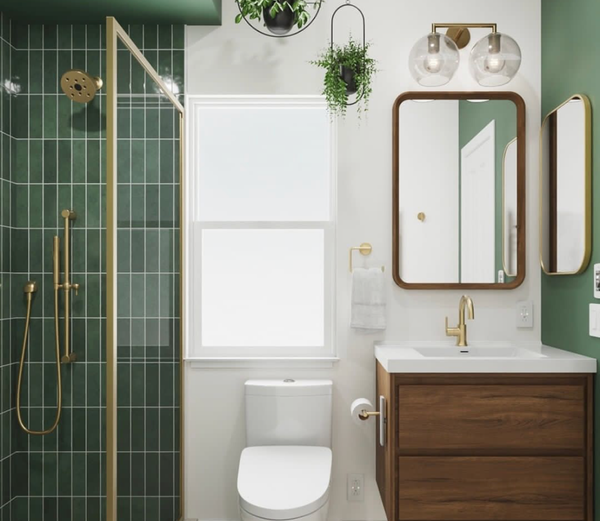 green tile, wood cabinets