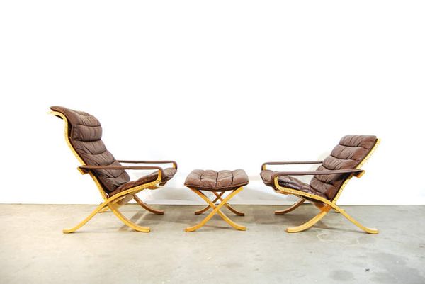 Scandinavian folding flex lounge chairs and ottoman / Ingmar Relling / Westnofa / Norway / 70's