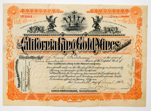 1902 California King Gold Mines Stock Certificate