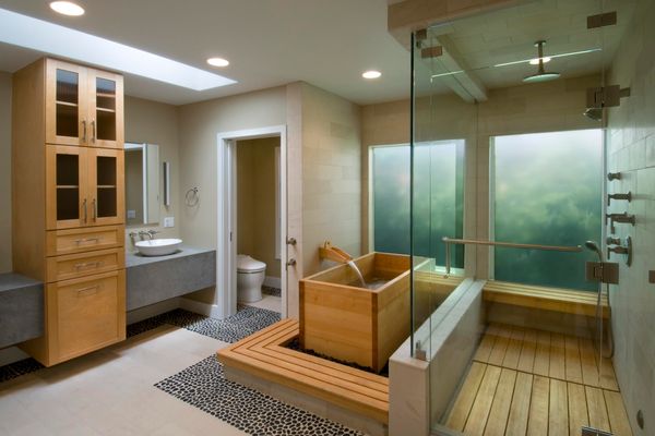 wood soaking tub and shower floor