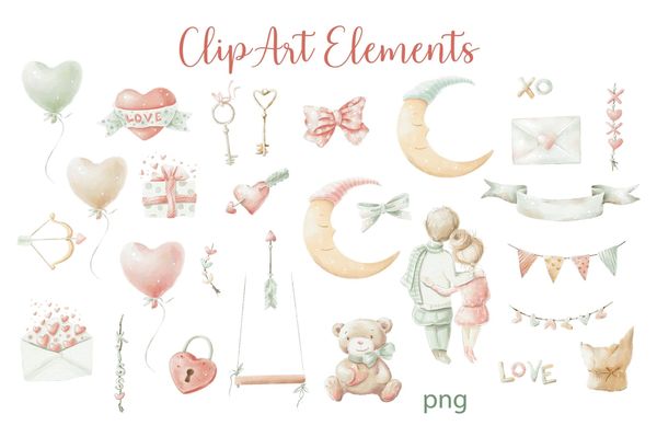 Valentine's Day Watercolor Clipart Set
