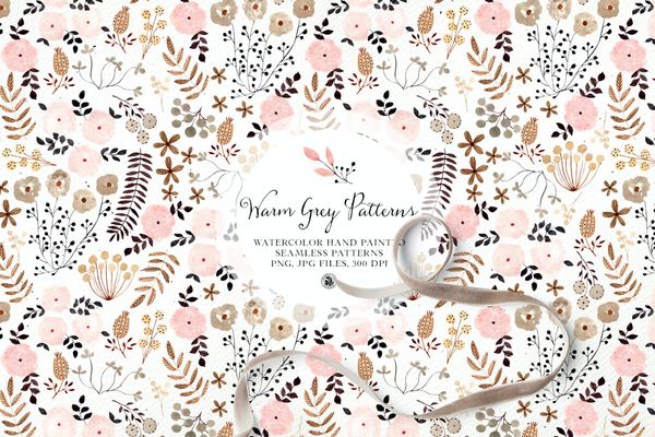 Warm Grey Watercolor Floral Patterns Set