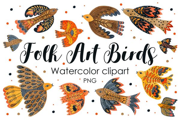 Watercolor folk art birds