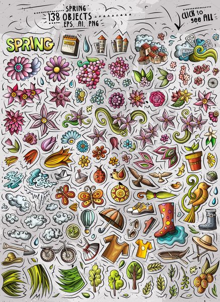 Spring Cartoon Objects Set