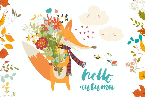 $ Lovely autumn card with a fox and flowers