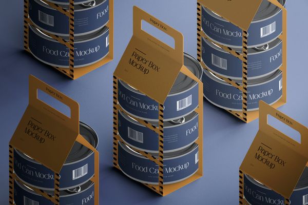 Isometric Food Tin Can and Paper Box Mockup