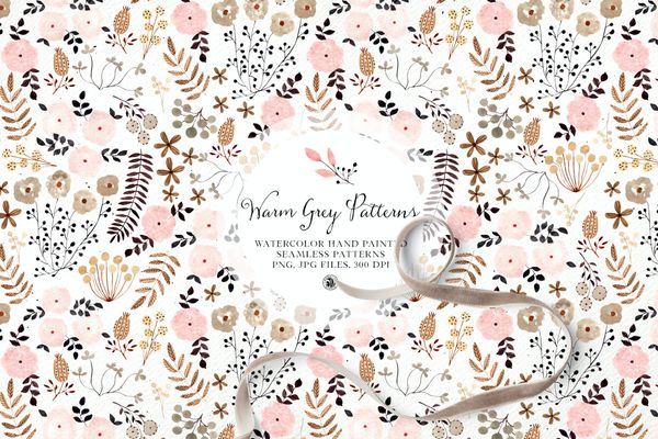 $ Warm Grey Watercolor Floral Patterns Set