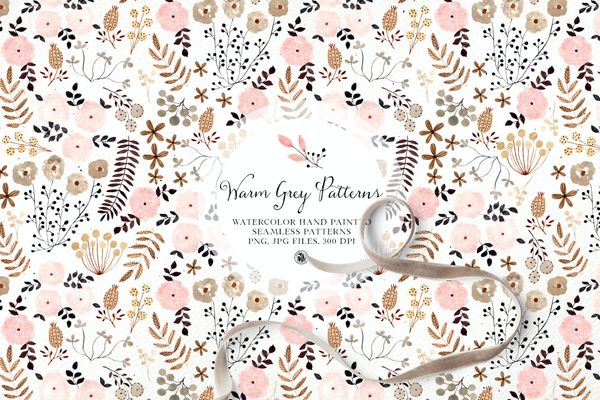 $ Warm Grey Watercolor Floral Patterns Set