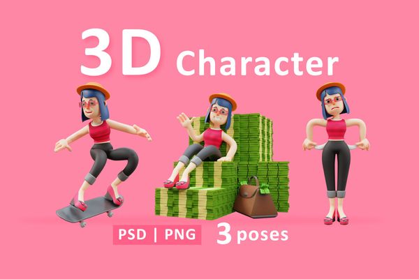 $ Lady. 3D Cute Lady Cartoon With Three Poses