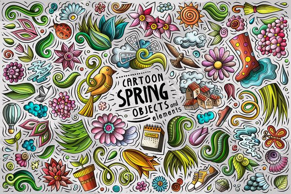 Spring Cartoon Objects Set