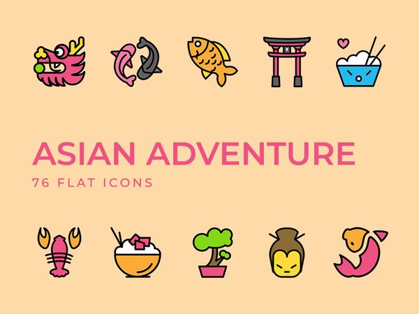 Asian adventure flat icons kit