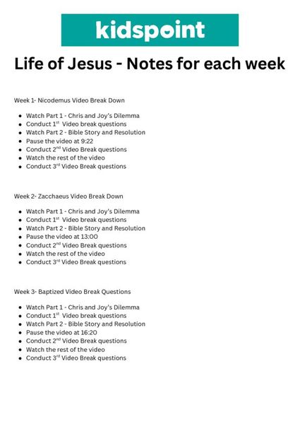 Life of Jesus - Notes for each week
