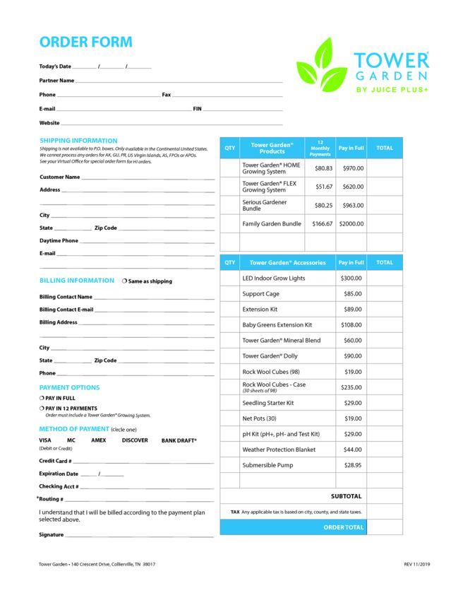 2020 Tower Order Form