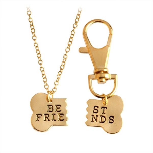 QIHE JEWELRY 2pcs/set Gold Silver Color Dog Bone Best Friends Charm  Necklace & Keychain BFF Bones …