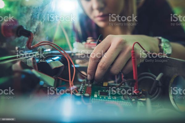Close up of a woman repairing electrical component of a computer. Close up of unrecognizable female…