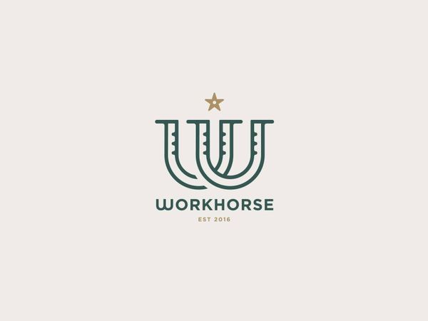 Workhorse Logo identity typography gold green spur star w horseshoe type logo