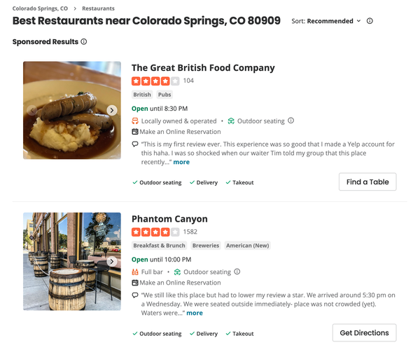 Yelp sponsored results