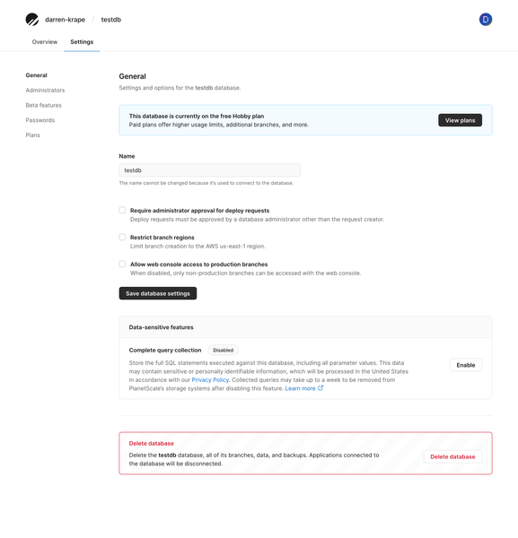 testdb settings - PlanetScale