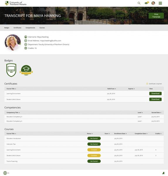 University of Northern Ontario Transcript