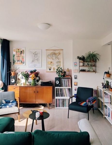 record storage - A mix of mid-century modern, bohemian, and industrial interior style. Home and apa…