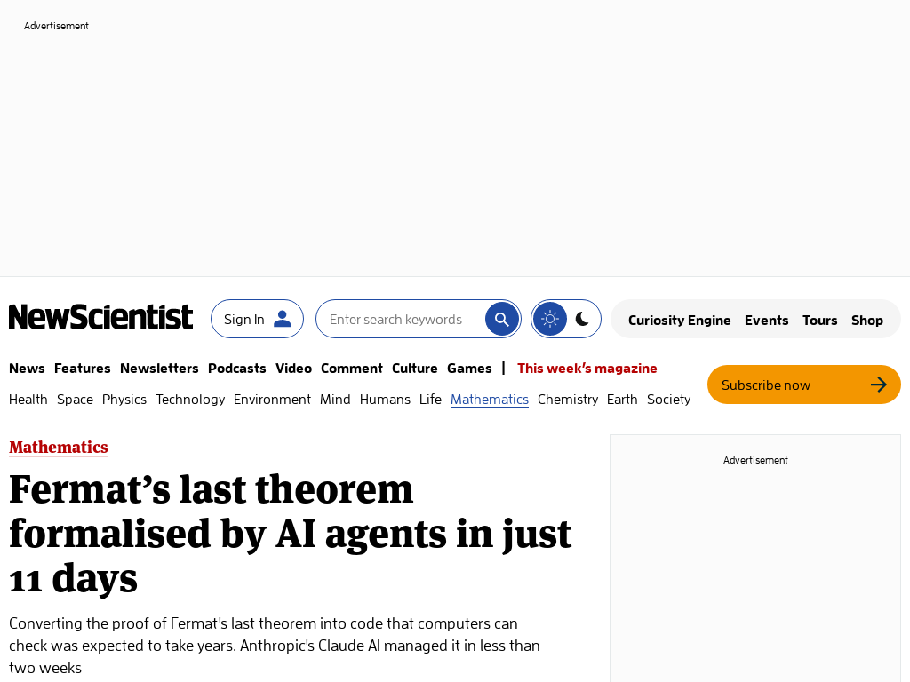 Fermat's last theorem formalised by AI agents in just 11 days | New Scientist