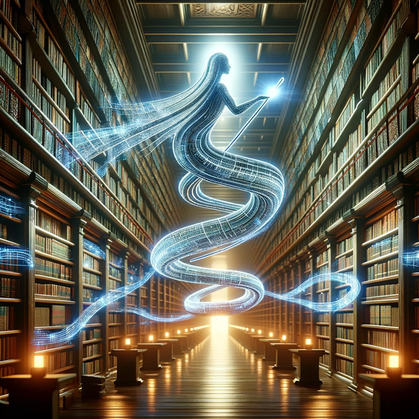 DALL·E 13.40.35 - A majestic, infinite library, with an AI represented as a se