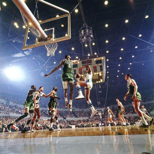 Bill Russell guards the lane against an Elgin Baylor drive during Game 4 of the 1966 NBA Finals bet…
