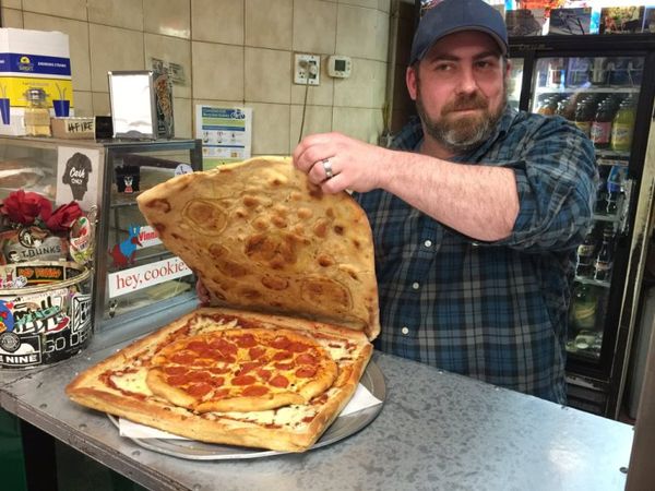 The pizza box pizza gives customers the option to eat the box and reduces cardboard waste. (Rick Bo…
