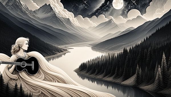 Firefly A vintage 1800s blonde woman -holding a guitar- looks off over her shoulder, her extremely …