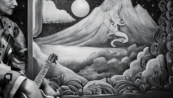 Firefly A vintage 1800s blonde woman -holding a guitar- looks off over her shoulder, her extremely l