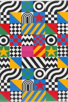 different colors and shapes on white paper, including black, yel…