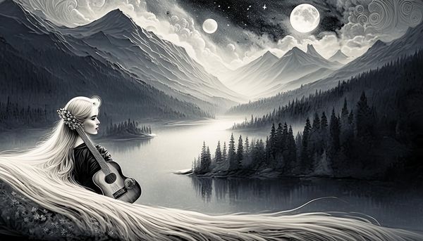 Firefly A vintage 1800s blonde woman -holding a guitar- looks off over her shoulder, her extremely …