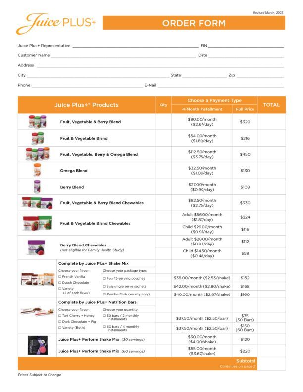 Juice Plus+ Order Form w/HFS